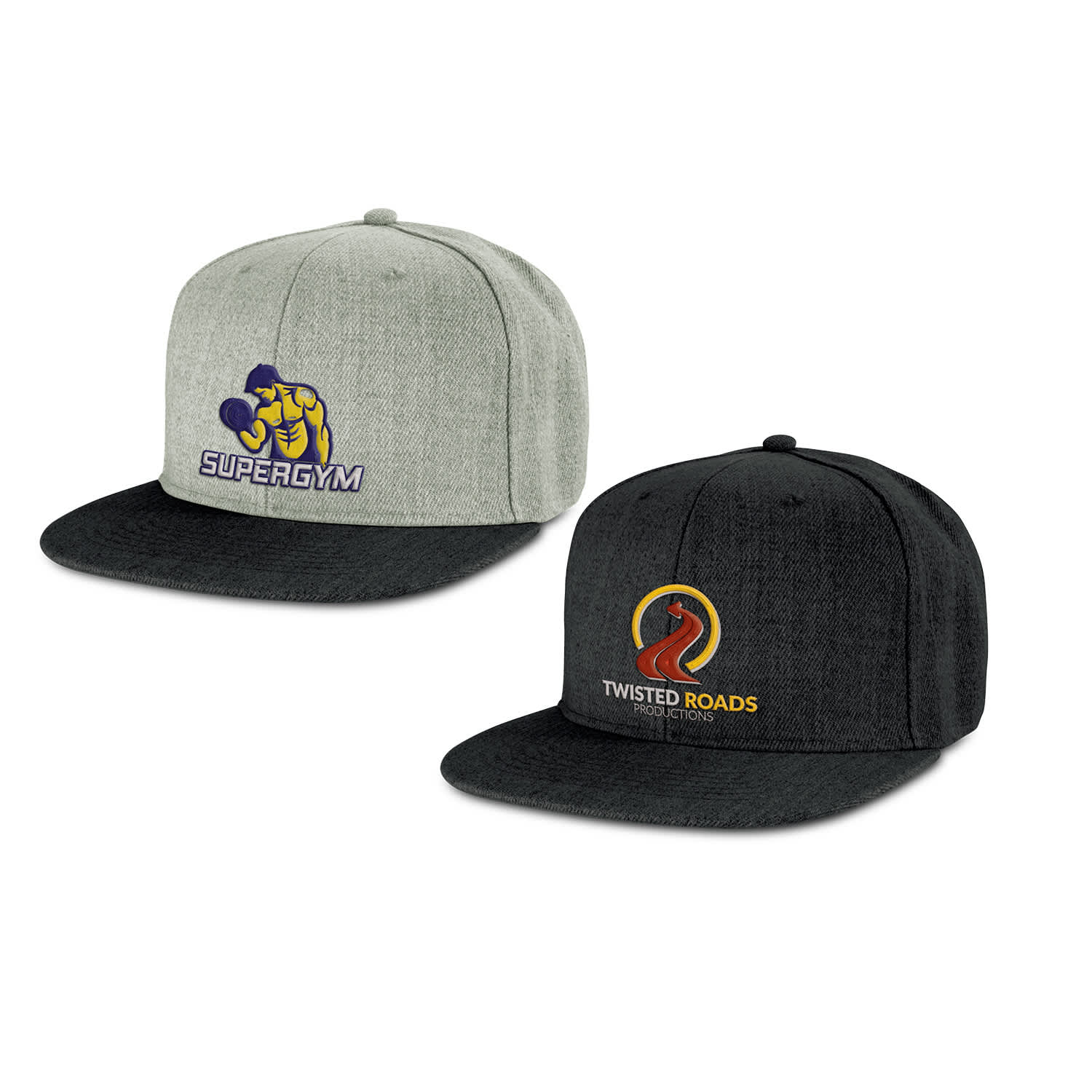 Two chisel flat peak caps are displayed, one grey with a logo and one black with a different logo. Chisel Flat Peak Cap - Image 1