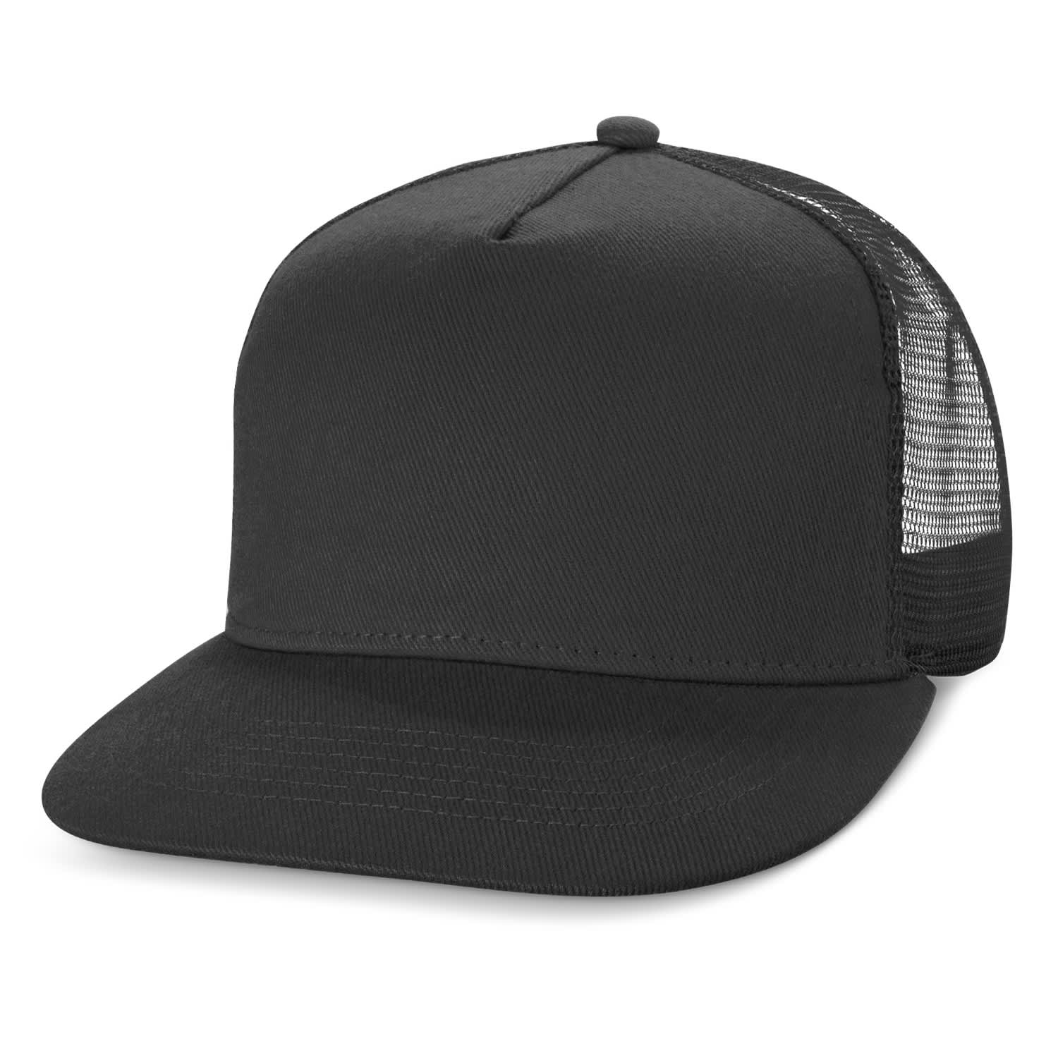A black flat peak mesh trucker cap with a solid front panel and mesh back. Features a logo. Impala Flat Peak Mesh Cap - Image 1