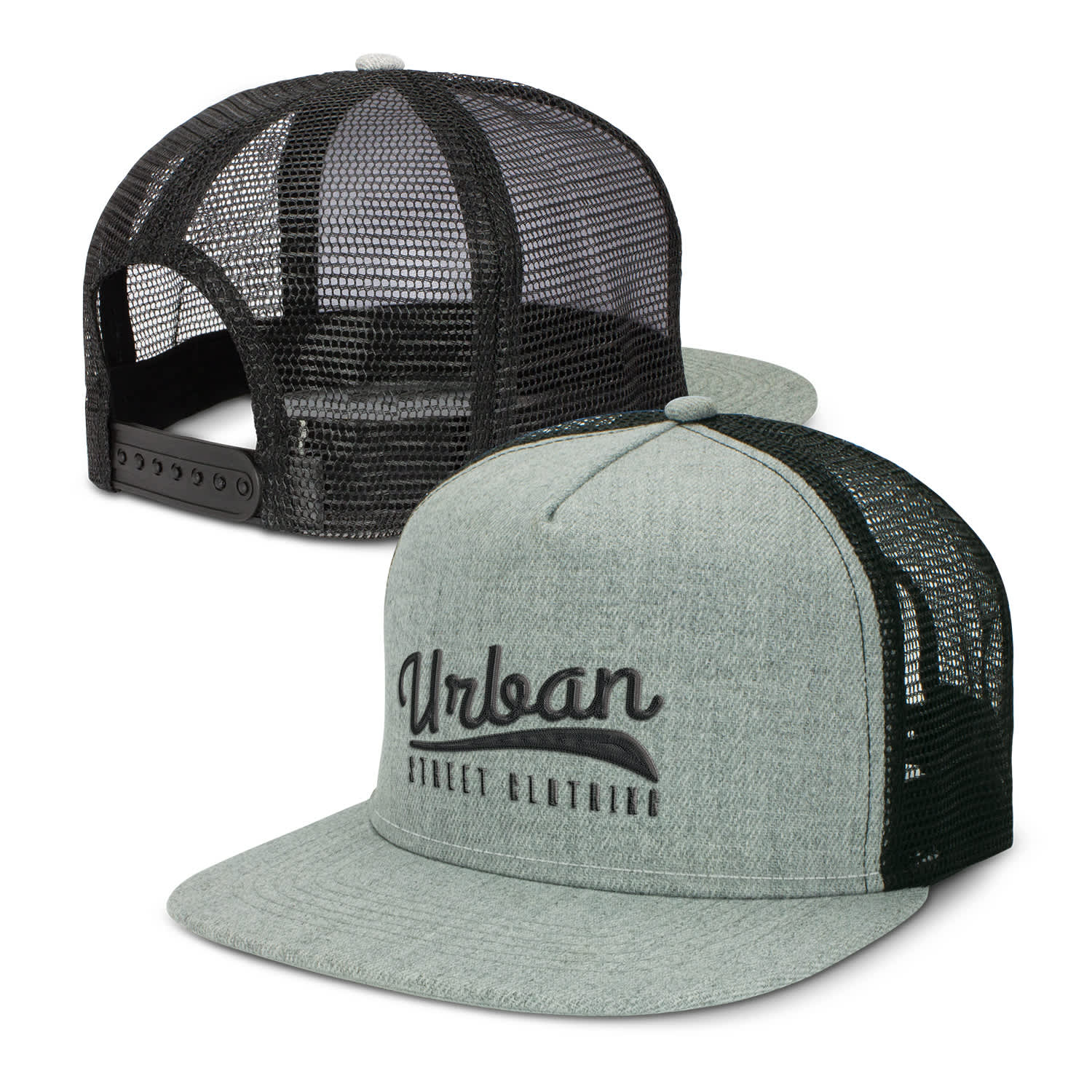 A grey and black trucker cap featuring a mesh back and a front embroidery detail. The cap also includes a logo. Jackson Flat Peak Trucker Cap - Image 1