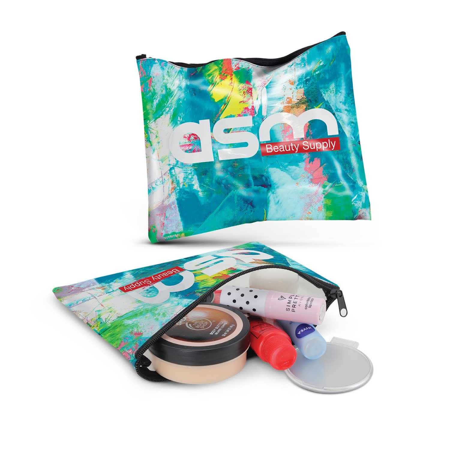 A small cosmetic bag in vibrant blue and green, featuring a logo, filled with various beauty products. Madonna Cosmetic Bag - Small - Image 1