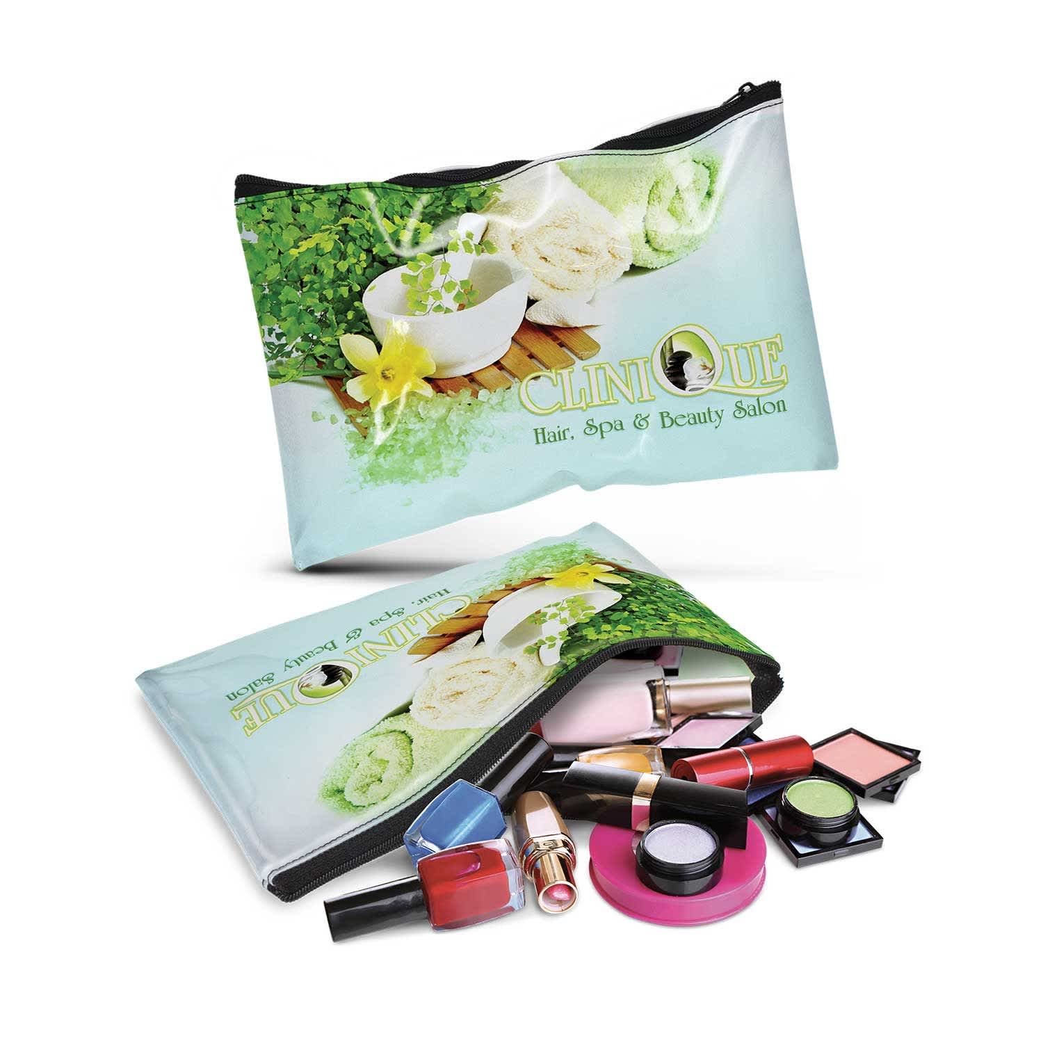 A medium cosmetic bag featuring a floral design, containing various makeup and beauty products in vibrant colours. Madonna Cosmetic Bag - Medium - Image 1