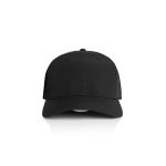 A black nylon cap with a structured front and a curved brim, featuring a logo.