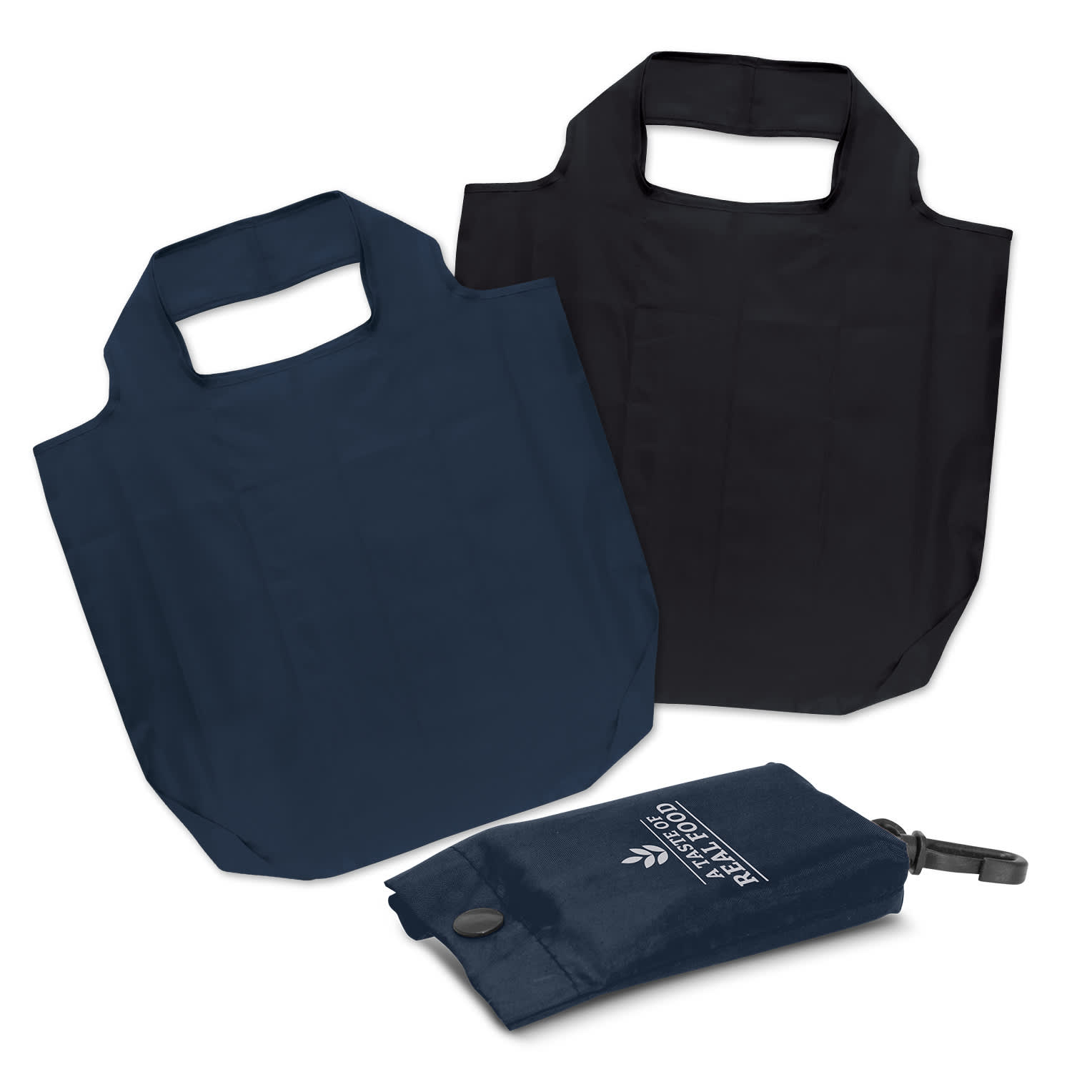 A navy blue and black foldable reusable grocery bag, accompanied by a compact carrying pouch with a logo. Atom Foldaway Bag - Image 1