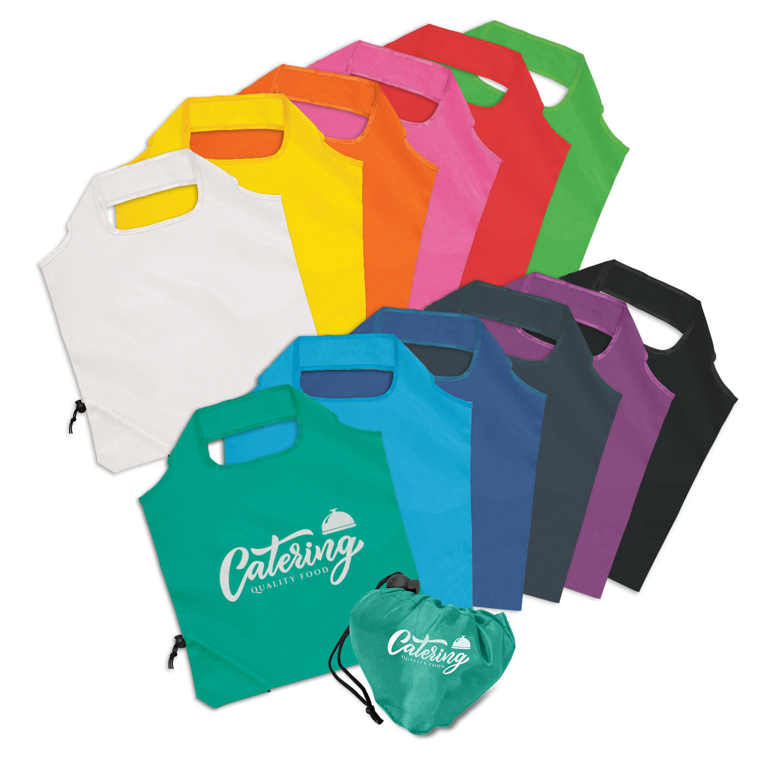 A collection of reusable grocery bags in various colours, with a logo on some bags and a foldable design. Ergo Foldaway Bag - Image 1