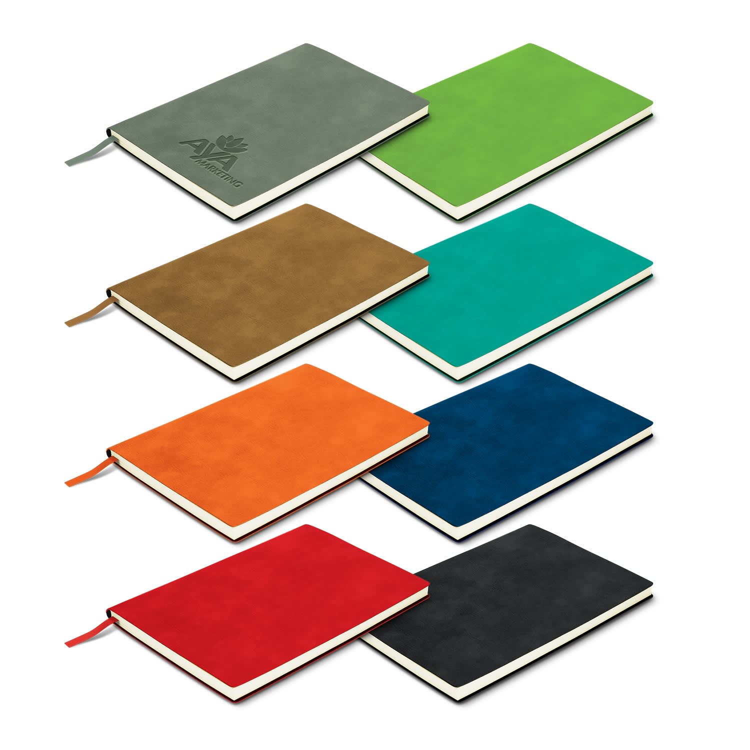 A collection of Genoa Soft Cover Notebooks in various colours including green, brown, orange, blue, red, and grey with a logo. Genoa Soft Cover Notebook - Image 1