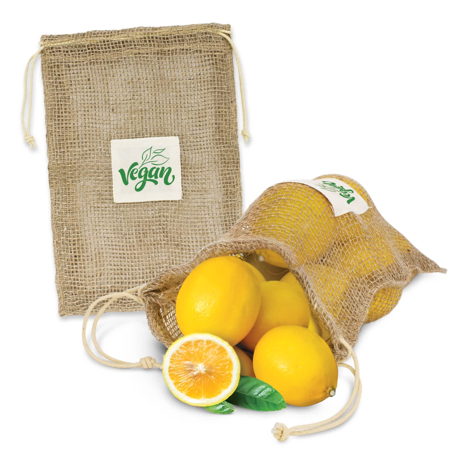 A jute net produce bag in natural colour, filled with lemons, alongside a lemon half and leaf. The bag has a logo. Jute Net Produce Bag - Image 1