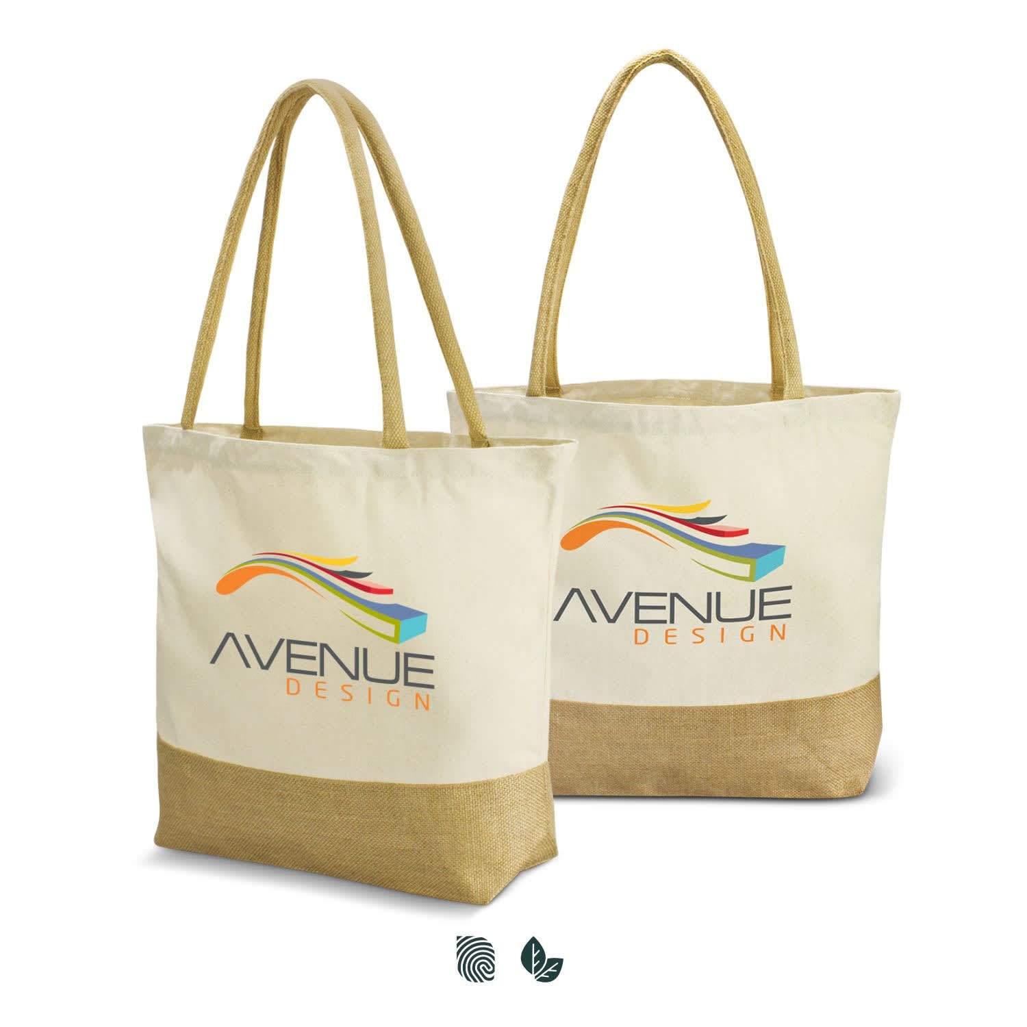 A cream tote bag with a natural jute base, featuring a logo on one side and sturdy handles. Gaia Tote Bag - Image 1