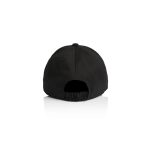 A black kids cap featuring a back opening and an adjustable fit. Includes a logo on the back.