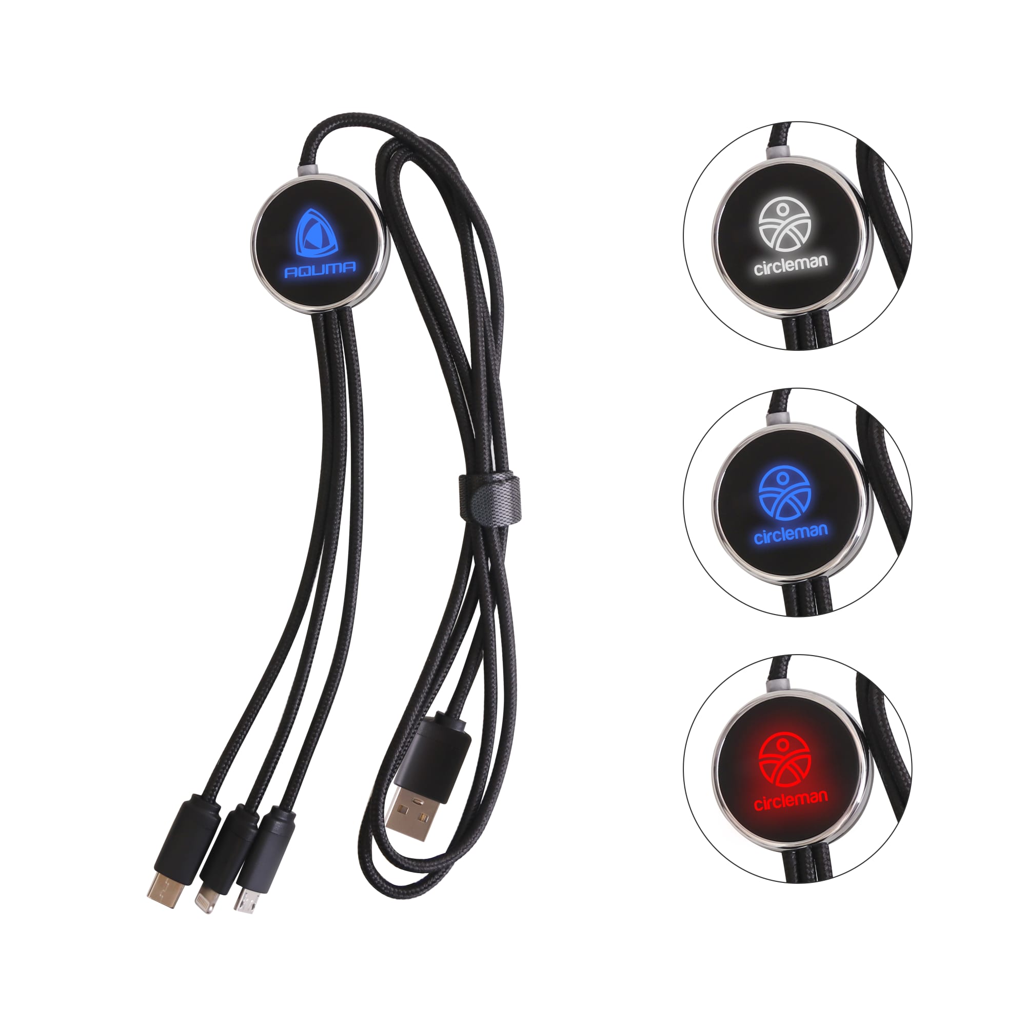 A 3-in-1 charging cable with a black braided design, featuring three connectors and a circular illuminated logo. 3-In-1 Light Up 1.2m Long Charging Cable - Image 1