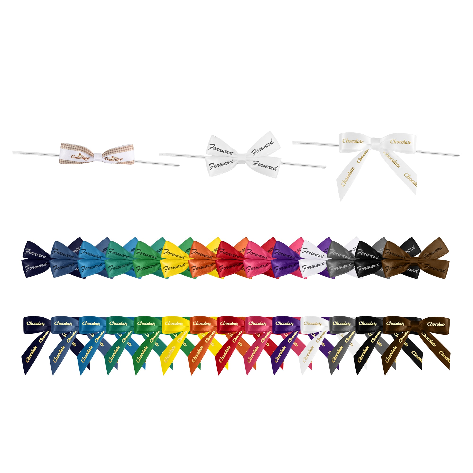 Twist Tie Bows in various colours, including white, red, blue, green, and brown, arranged in rows. Twist Tie Bows - Image 1
