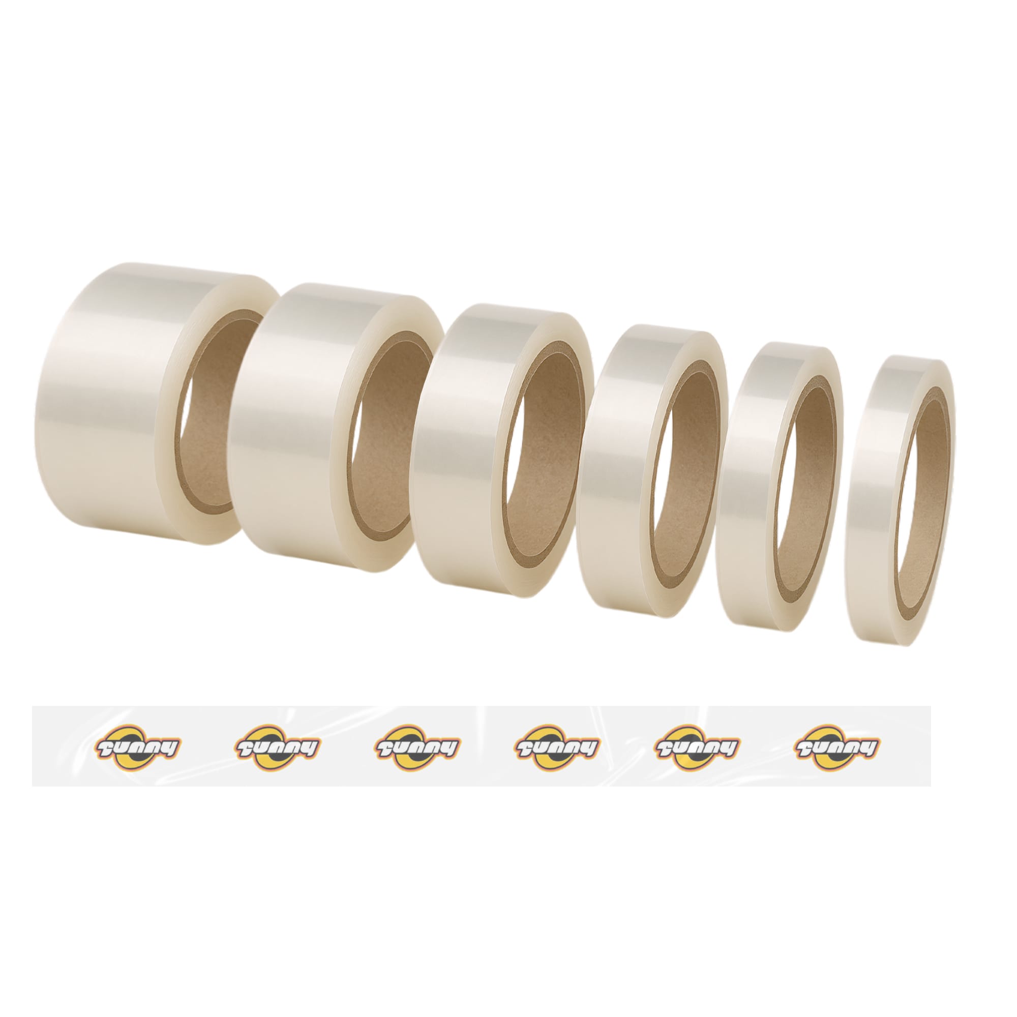 A series of transparent BOPP packaging tape rolls in varying widths, showcasing a smooth, glossy finish. BOPP Transparent Packaging Tape-CMYK Print - Image 1