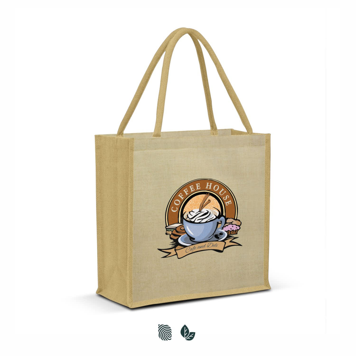 A tan tote bag with a logo featuring a coffee cup and pastries, designed for promotional use. Monza Juco Tote Bag - Image 1