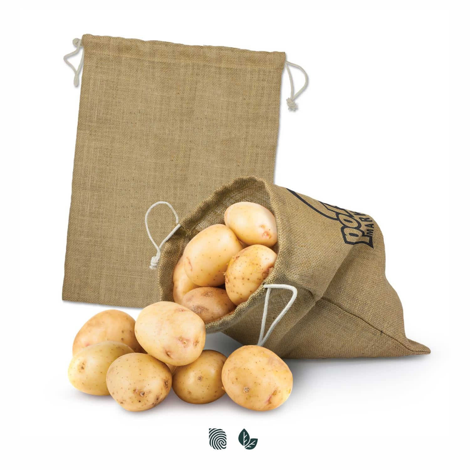 A large jute produce bag in beige, filled with fresh potatoes, with an empty bag beside it. Jute Produce Bag - Large - Image 1