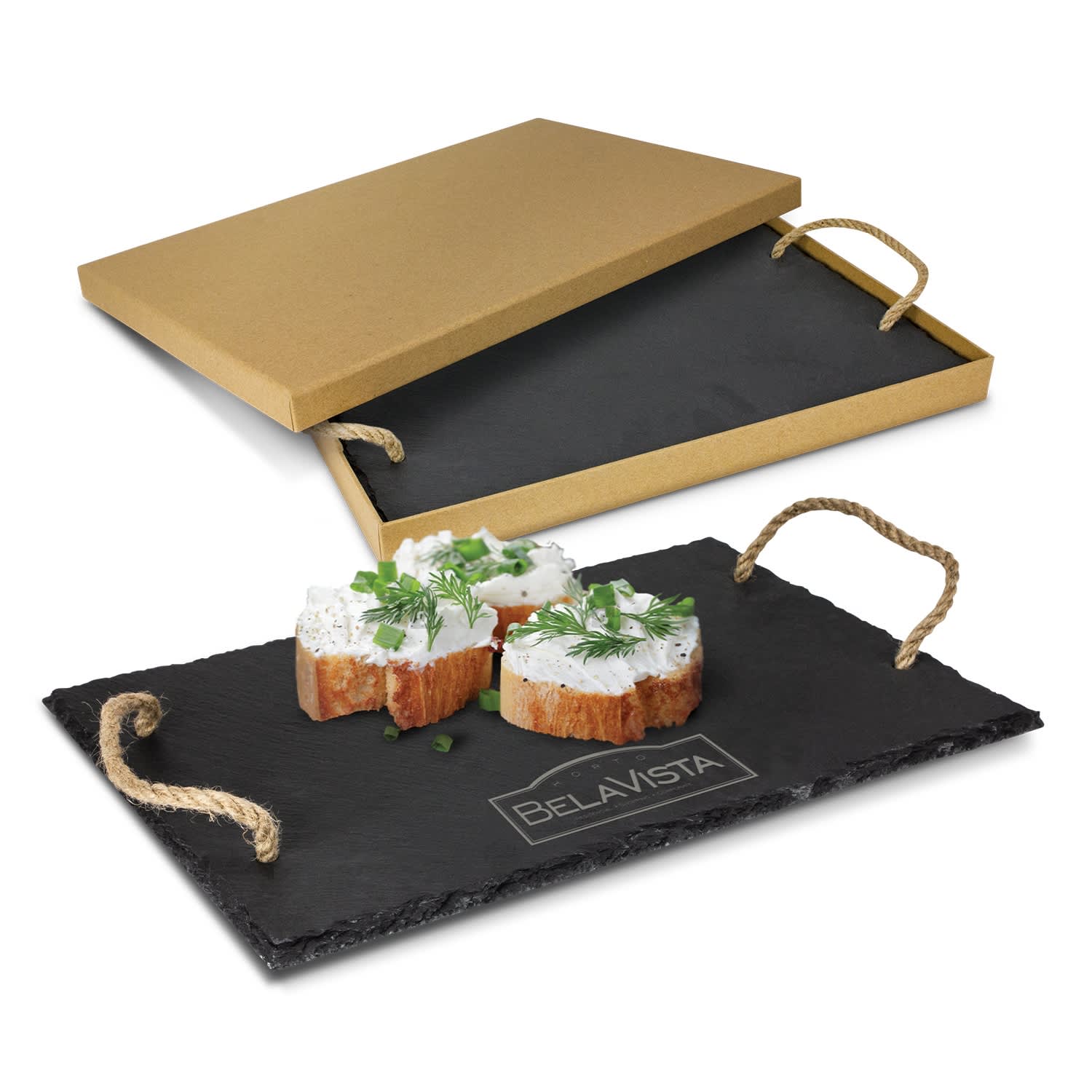 A slate serving board in black with rope handles, presented with small cheese portions and a golden box. Slate Serving Board - Image 1