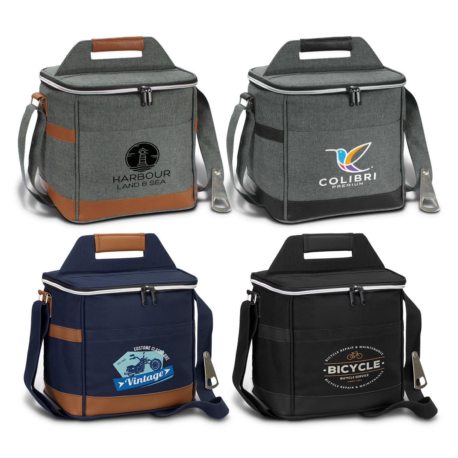 A collection of cooler bags in grey, navy, and black, featuring various logos and brown accents. Nirvana Cooler Bag - Image 1