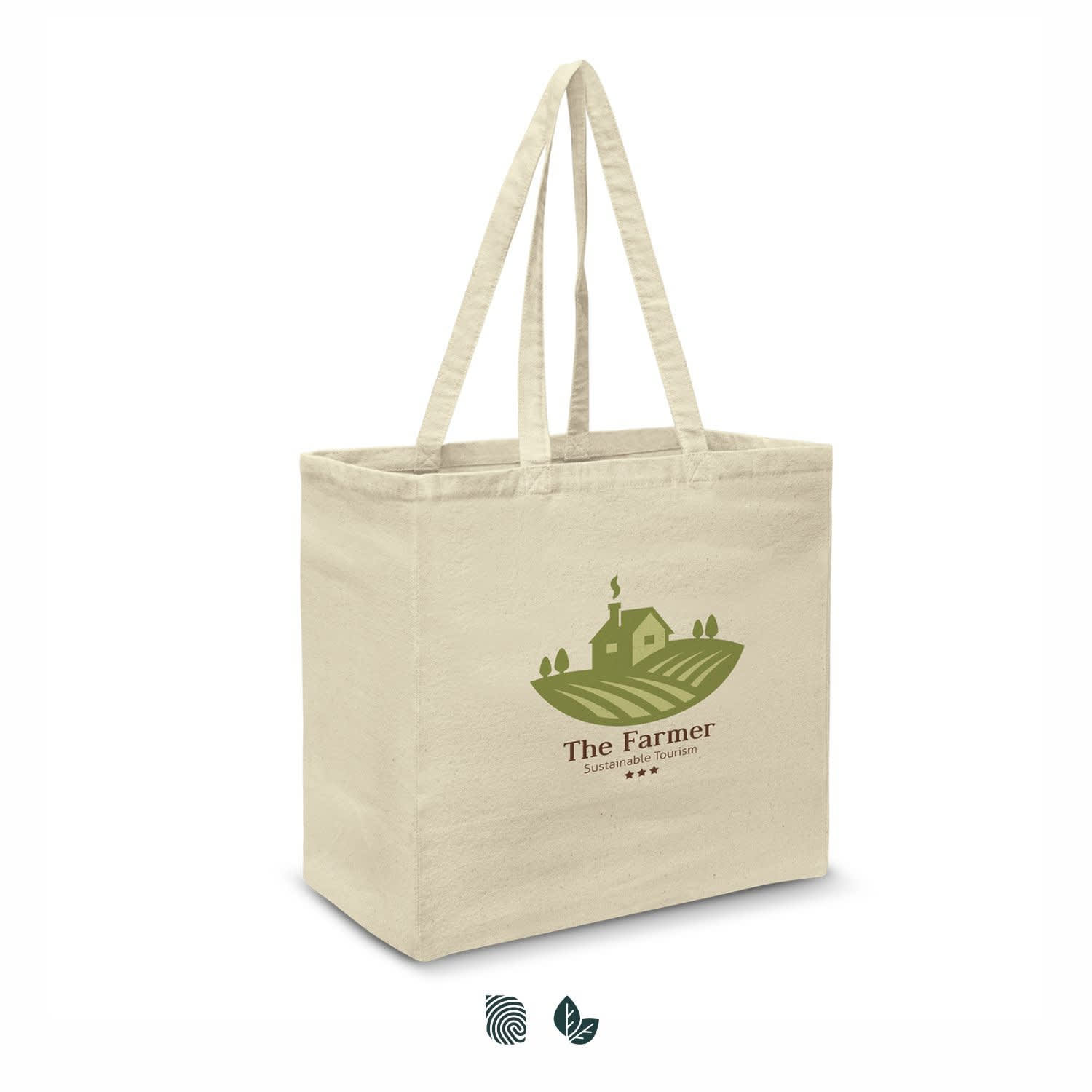 A cream cotton tote bag with sturdy handles and a logo depicting a farmhouse and fields. Galleria Cotton Tote Bag - Image 1