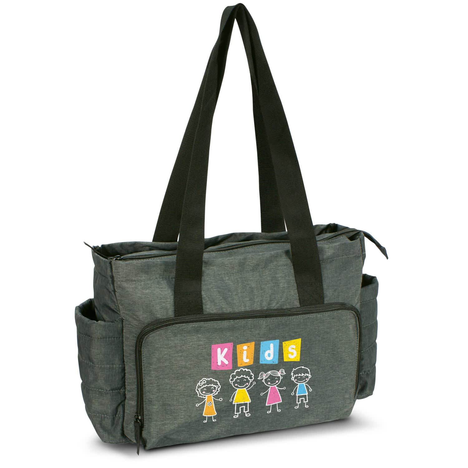 A dark green baby bag with zippered pockets and cartoon children graphic. It features sturdy black handles. Kinder Baby Bag - Image 1