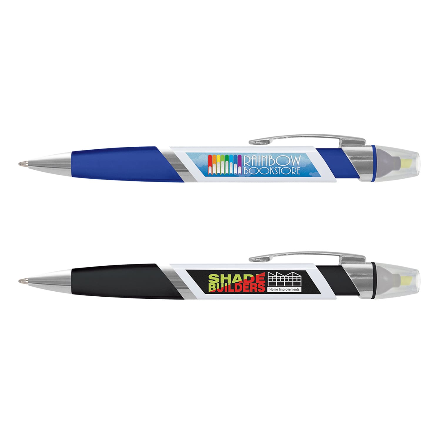 A highlighter pen set featuring a blue pen and a black pen, both with clear caps and branded logos. Avenger Highlighter Pen - Image 1