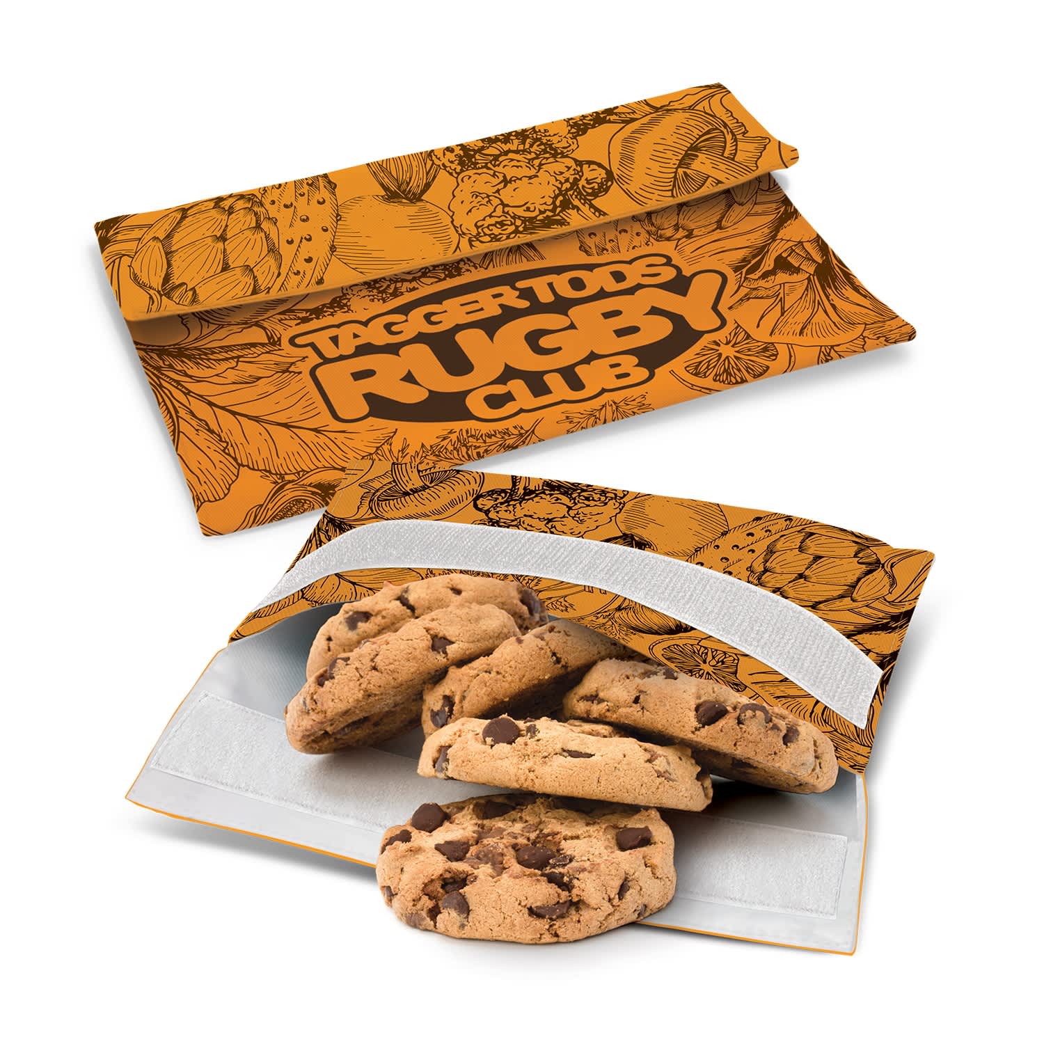 An orange reusable snack pouch with a floral design, containing chocolate chip cookies inside. Karma Reusable Snack Pouch - Image 1