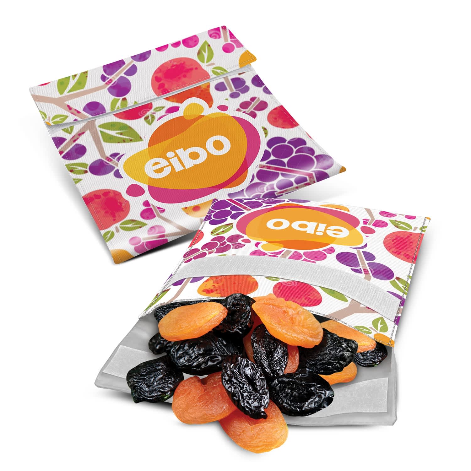 A colourful reusable food pouch featuring a variety of fruit designs, filled with dried fruits. It has a logo. Karma Reusable Food Pouch - Image 1