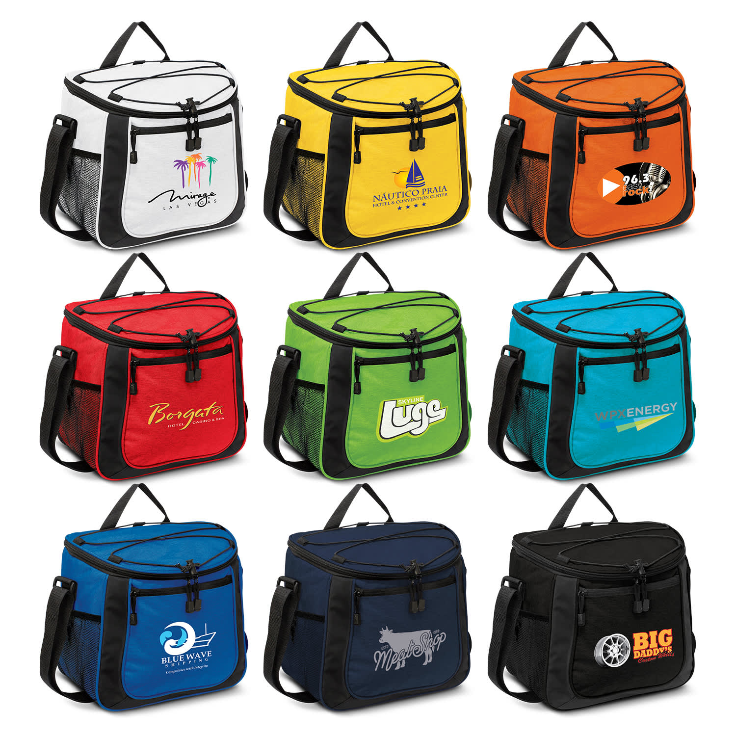 A collection of nine cooler bags in various colours including yellow, orange, red, green, and blue, each with distinct logos. Aspiring Cooler Bag - Image 1