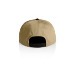 A two-tone cap featuring a tan fabric with a black visor and adjustable strap at the back.