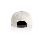 A two-tone cap in cream and olive green, featuring a rear adjustable strap and a logo.