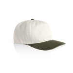 A two-tone cap featuring a cream-coloured crown and an olive green brim, with a logo on the side.