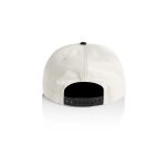 A two-tone cap in white and black featuring a strapback closure and a logo on the back.