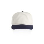 A two-tone cap featuring a white crown and a navy blue peak, complete with a logo on the front.