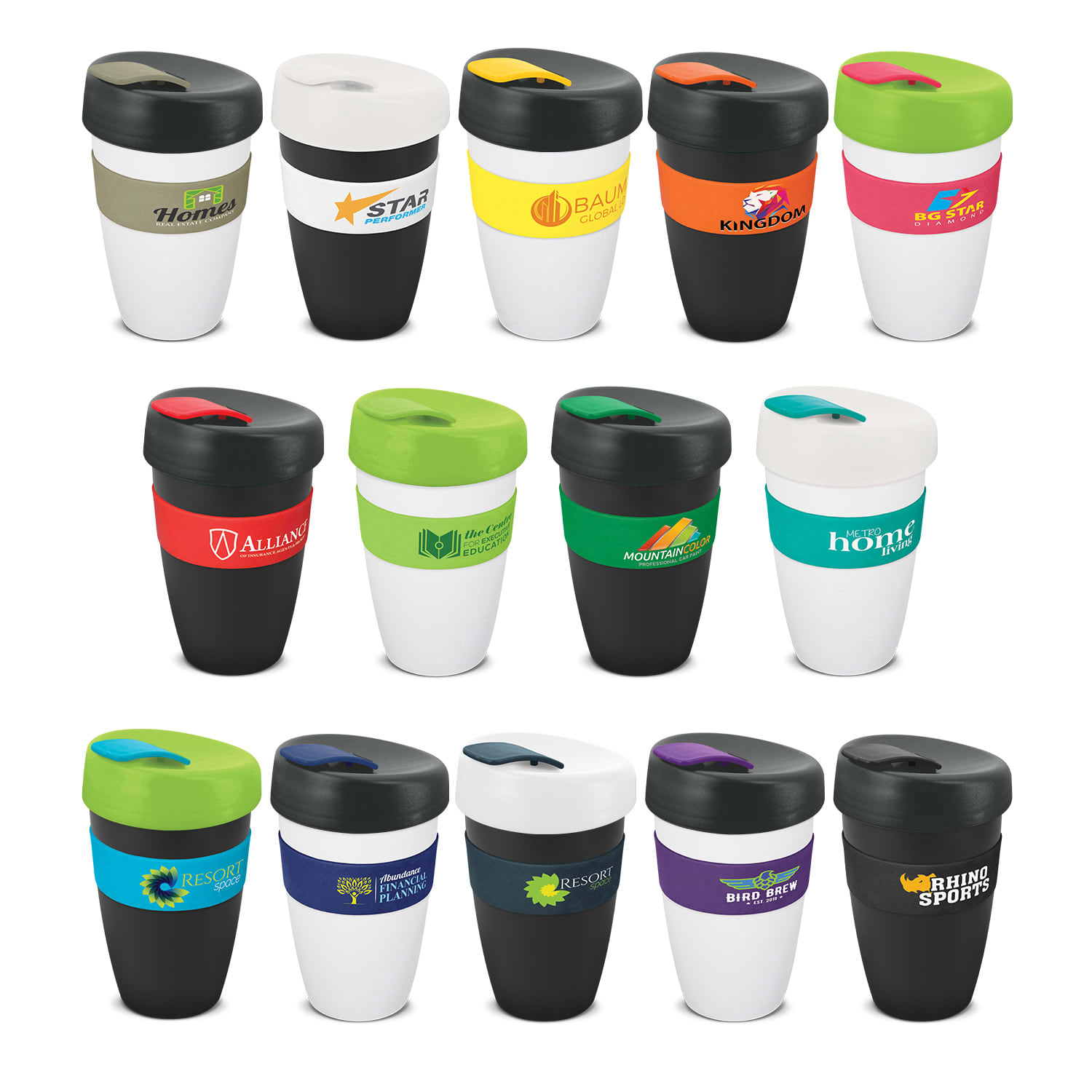 A set of reusable drink bottles in various colours, featuring different designs and logos, with 480ml capacity. Express Cup Deluxe - 480ml - Image 1