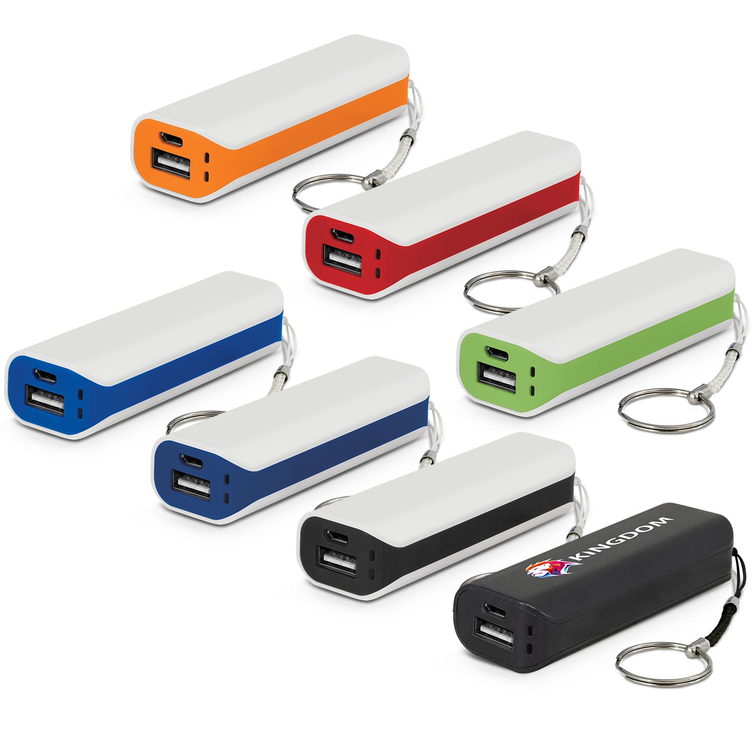A collection of power banks in various colours, including orange, red, green, blue, black, and white, with keychain attachments. Dalek Power Bank - Image 1