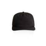 A black cap with a slightly curved brim and a plain design, featuring a logo on the front.