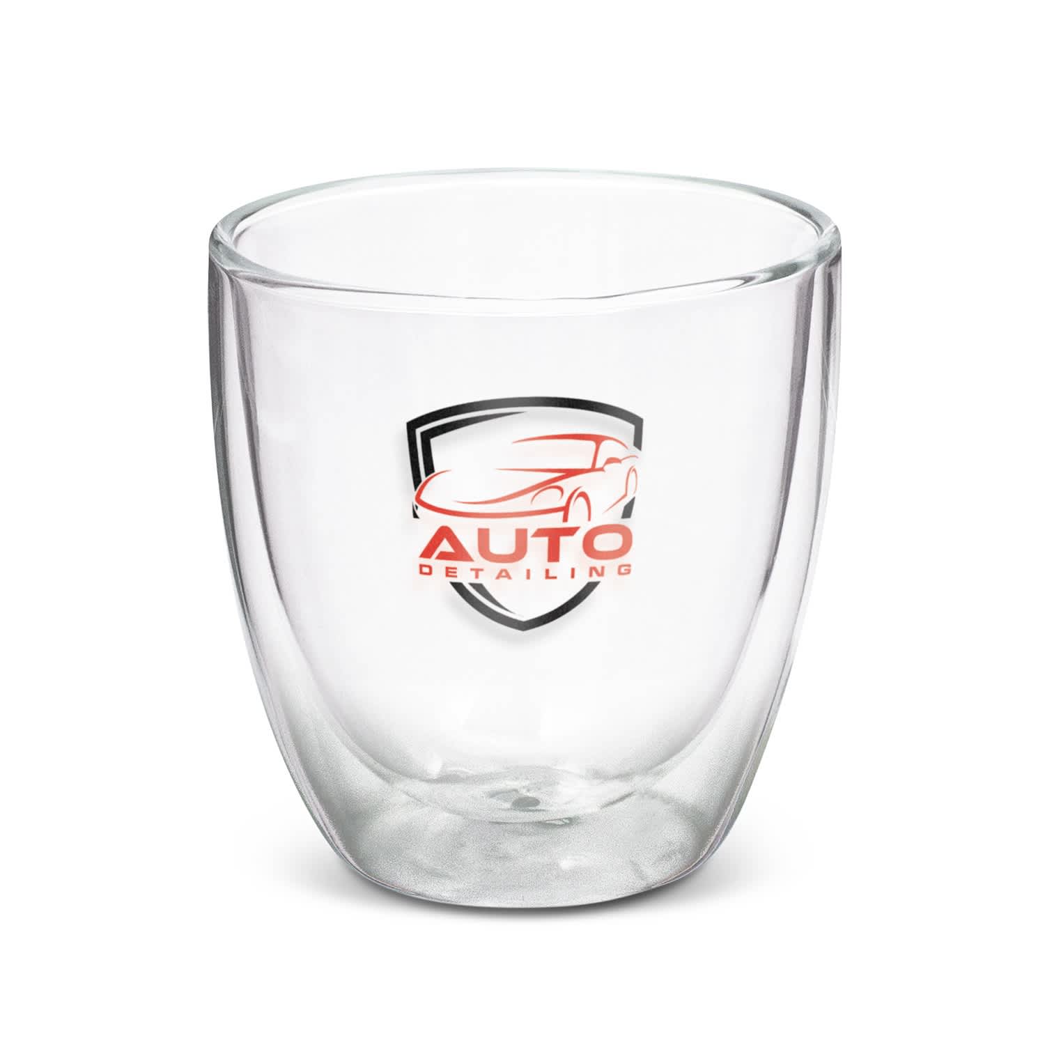 A double wall glass in clear with a logo, featuring a sleek, modern design. Suitable for various beverages. Tivoli Double Wall Glass - 310ml - Image 1