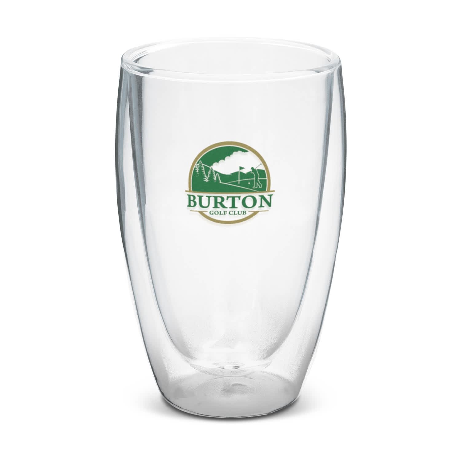 A double wall glass in clear with a logo, featuring a sleek design and a 410ml capacity. Tivoli Double Wall Glass - 410ml - Image 1