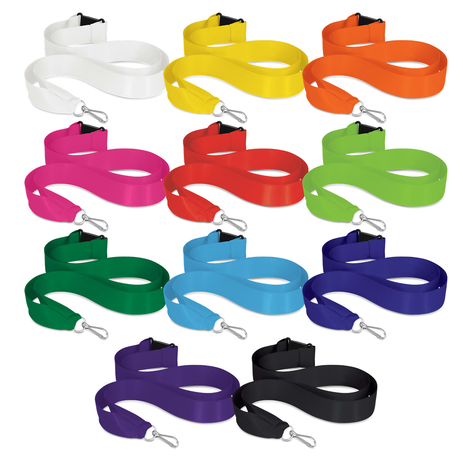 A selection of ribbon lanyards in various colours: white, orange, pink, red, green, blue, purple, black, and more. Ribbon Lanyard - Image 1