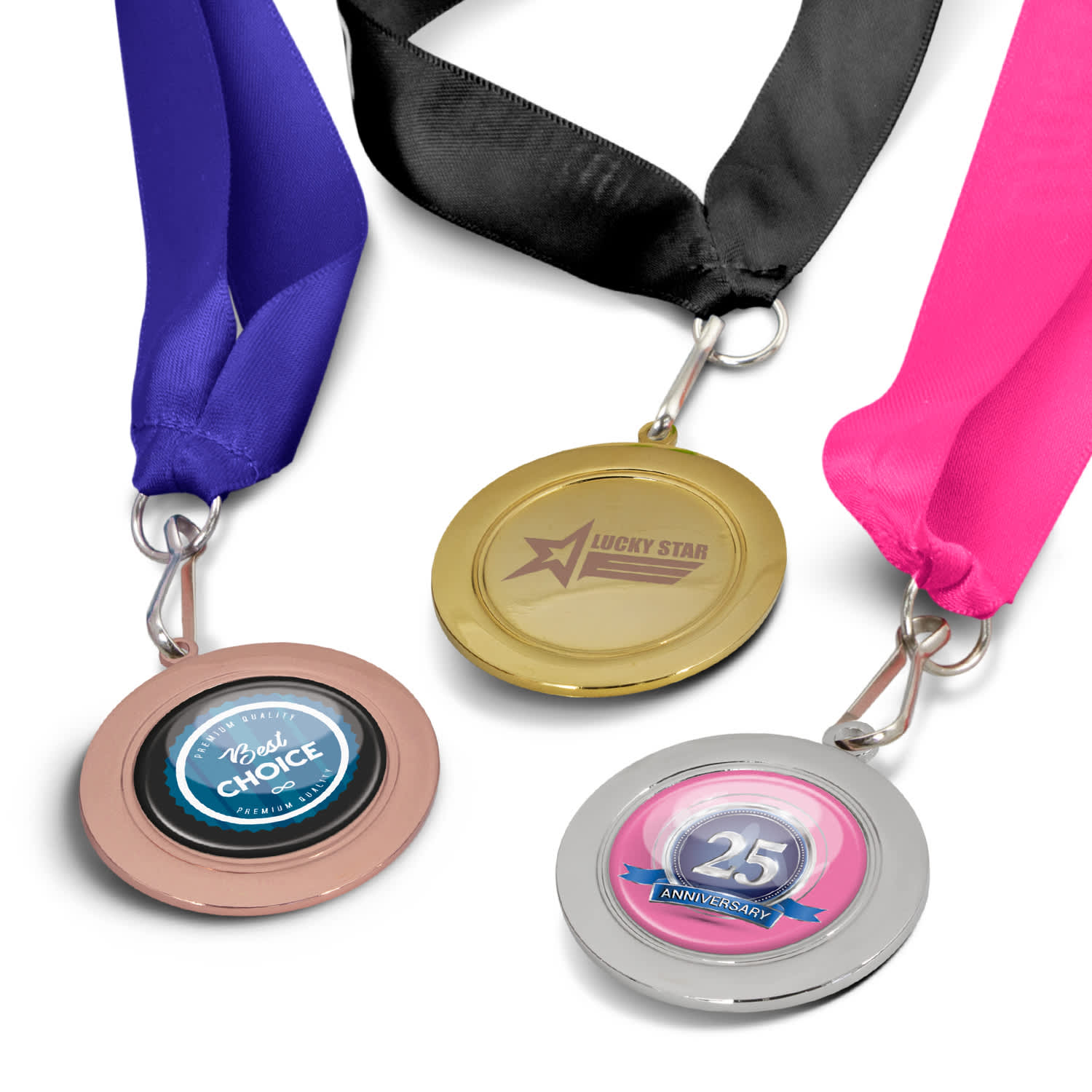 A set of three podium medals featuring gold, silver, and bronze finishes, each attached to different coloured ribbons. Podium Medal - 50mm - Image 1