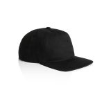 A black cap with a flat brim and an adjustable strap at the back, featuring a logo.