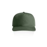 A green cap with a flat brim and a logo on the front, featuring a simple and clean design.