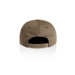 A brown cap with a flat brim and an adjustable strap at the back, featuring a logo.