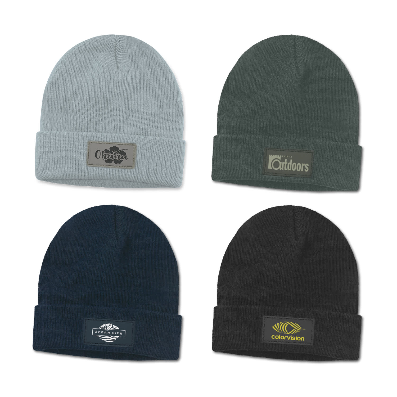 A collection of four beanies in grey, dark green, navy, and black, each featuring a different patch or logo. Everest Beanie with Patch - Image 1