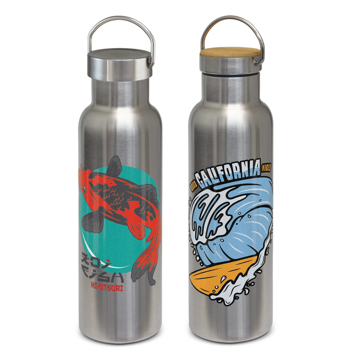 A drink bottle featuring a stainless steel design with a koi fish and wave graphic, and a bamboo lid. Nomad Deco Vacuum Bottle - Stainless - Image 1