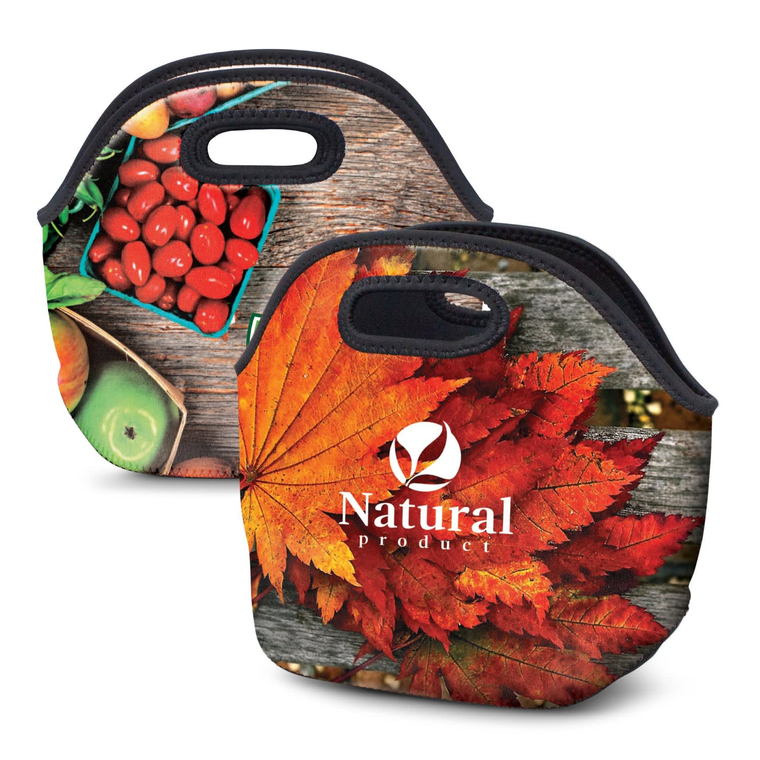 A colourful lunch bag featuring a vibrant autumn leaf and fresh produce designs, with a logo on one side. Albany Lunch Bag - Image 1