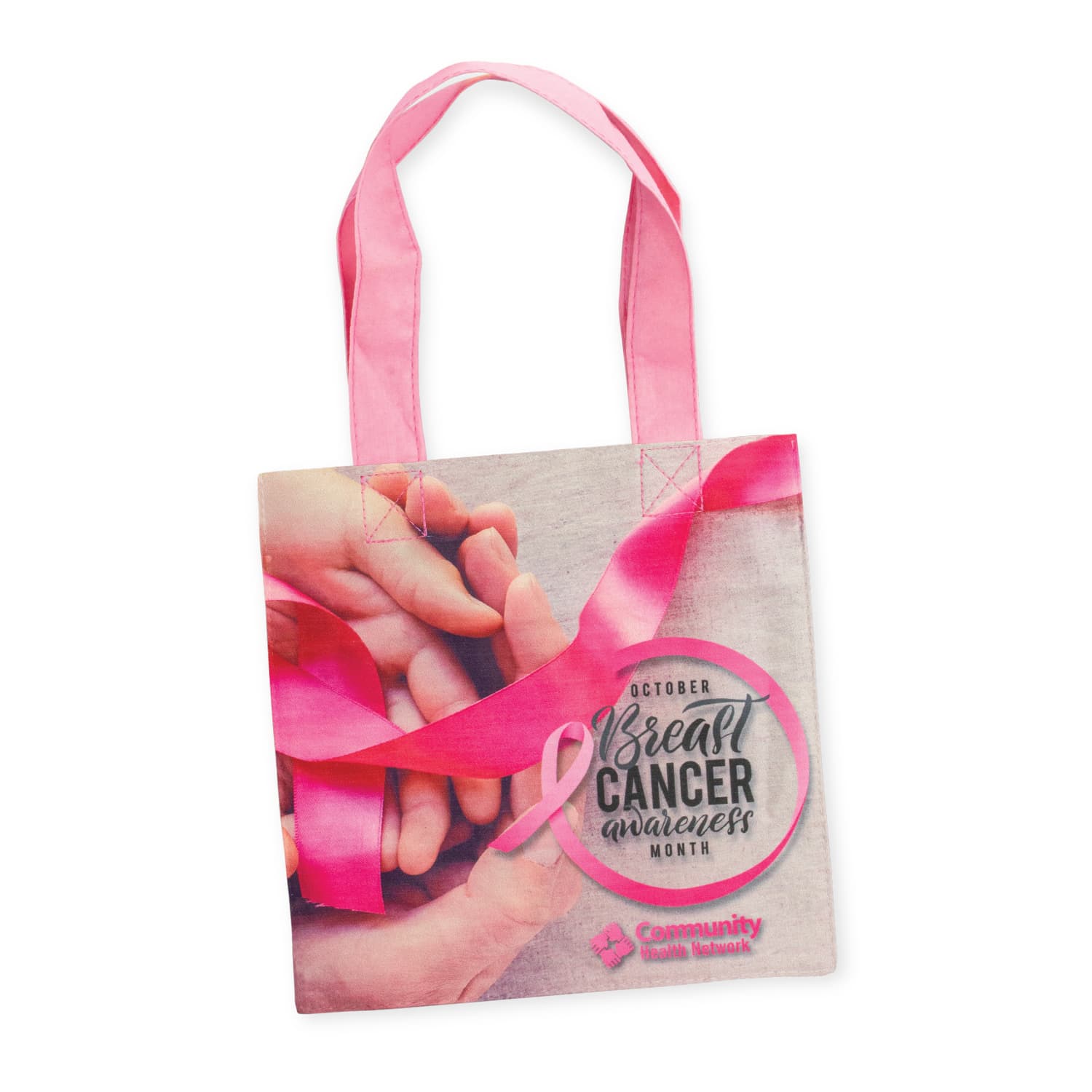A cotton gift bag featuring a design for Breast Cancer Awareness Month, with pink ribbon graphics and supportive text. Chelsea Cotton Gift Bag - Image 1