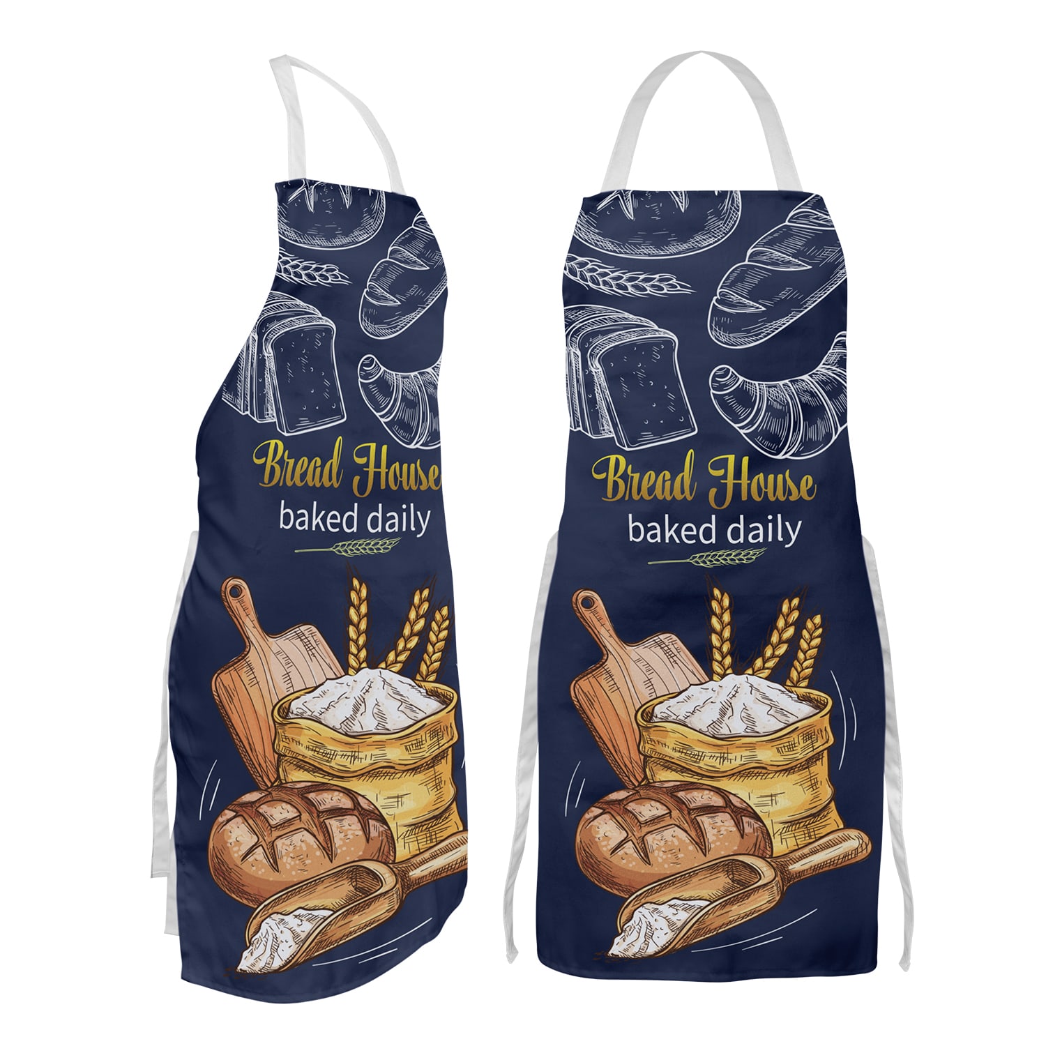 A full colour bib apron in navy featuring bread, croissants, and baking tools, with a logo on the front. Renzo Full Colour Bib Apron - Image 1