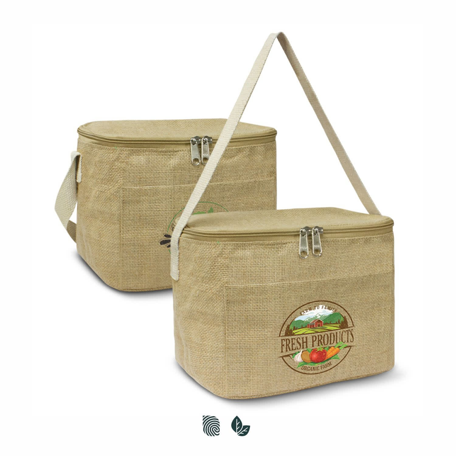 A tan cooler bag with a detachable shoulder strap and a logo on the front, featuring a natural texture. Lucca Cooler Bag - Image 1