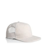 A beige trucker cap with a mesh back and a rounded brim. It features a logo on the front.