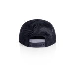 A black trucker cap with a mesh back and adjustable snap closure. Features a logo on the front.