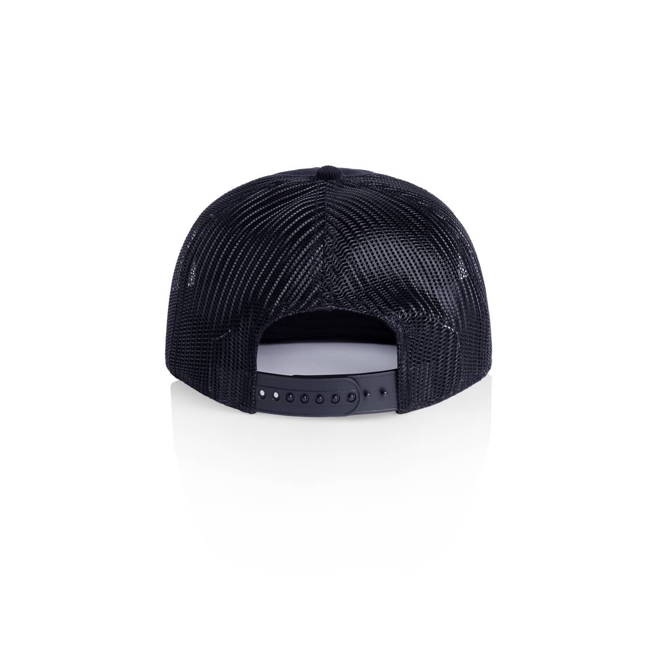 A black trucker cap with a mesh back and adjustable snap closure. Features a logo on the front.
