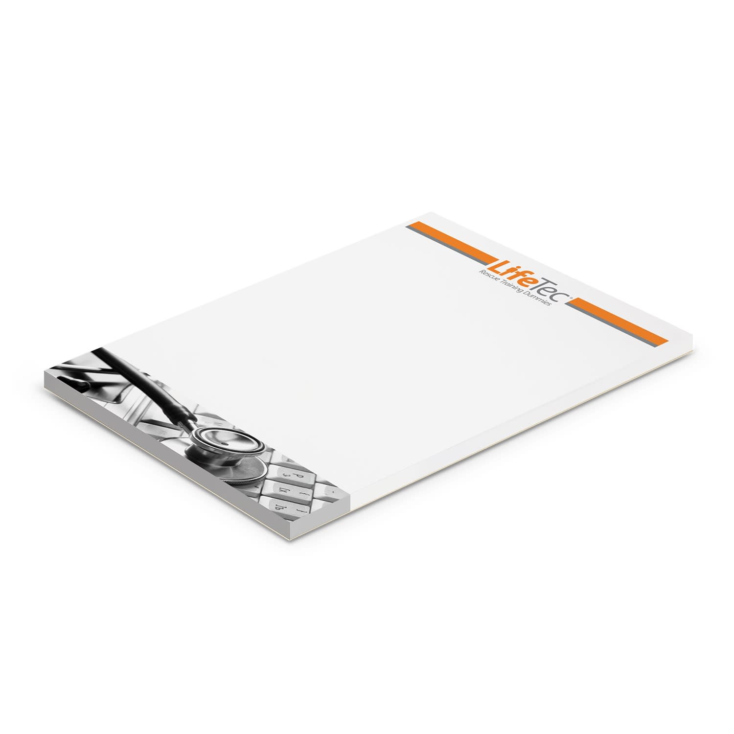 A6 note pad with 50 leaves, featuring a white design and a graphic of a stethoscope, with logo branding. A6 Note Pad - 50 Leaves - Image 1